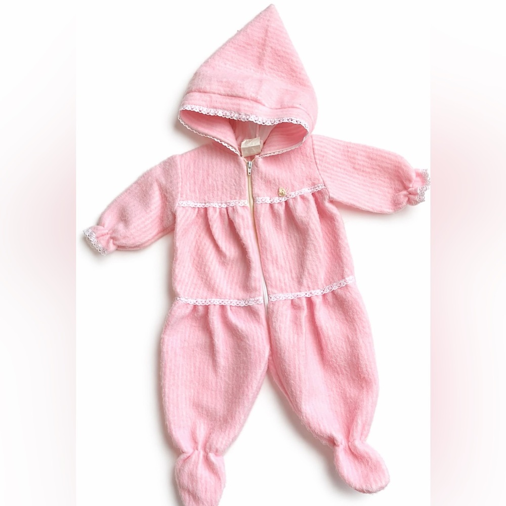 Signature Pink Hooded Lace-Trim Footie One-Piece